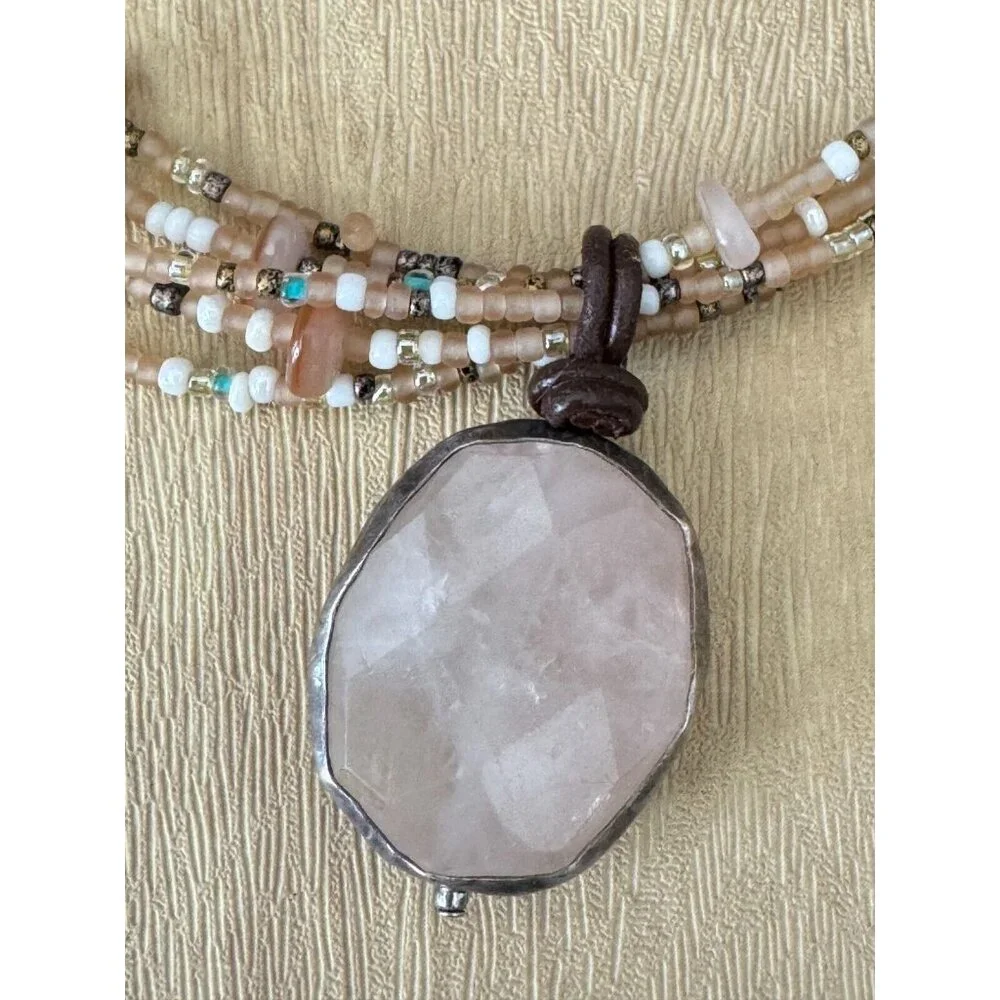 Tica Rose 925 Sterling Silver Rose Quartz Gemstone Beaded Multi-Strand Necklace - Picture 3 of 10